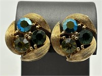 Lisner Gold Tone Green & AB Rhinestone Earrings