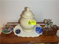 CONTENTS ON TOP OF DRESSER INCLUDING BOWL OF ROCKS