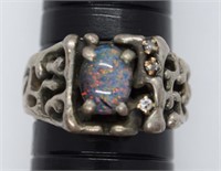 Vtg 925 Sterling Mod Fire Opal & Diamond Ring S7.5