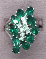 Vtg Sterling Silver & Emerald Cocktail Ring 6.75