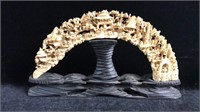 Carved Ivory Tusk Village Scene on Stand