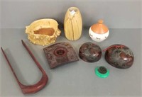 Group including wooden vase, brass gongs, etc.