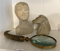 2 statues & magnifying glass. Woman statue 7”T,