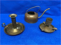 Vtg. Brass Candle Holder, Ashtray & Copper Tea Pot