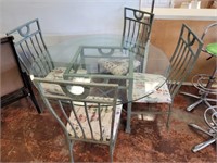 BEVELED GLASS TABLE AND 4 METAL CHAIRS