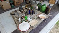 Antique Jugs, Enamel Bowls; Colander