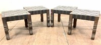(4) Decor Mexico Carved Wood Woven Leather Stools