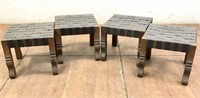 (4) Decor Mexico Carved Wood Woven Leather Stools