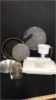 Lot of various kitchen items. Large Skillets w