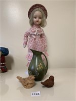 PORCELAIN DOLL, HAND PAINTED PITCHER, 2 BIRDS