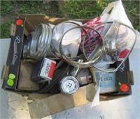 Box of assorted car parts including brake part,