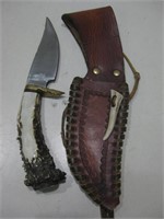 10" Long Stag Handled Knife In Leather Sheath