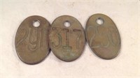 3 vintage brass cow tags