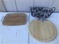 2 Wood Cutting Boards and Metal Basket