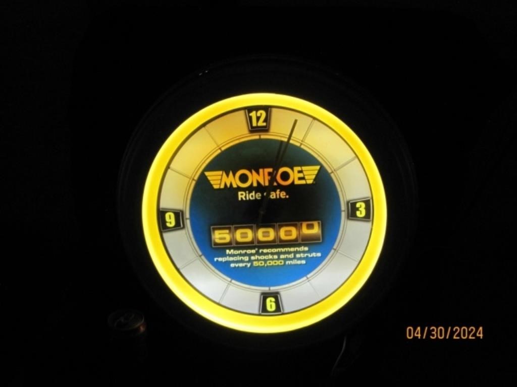 Vtg Monroe Shocks Lighted Sign Clock