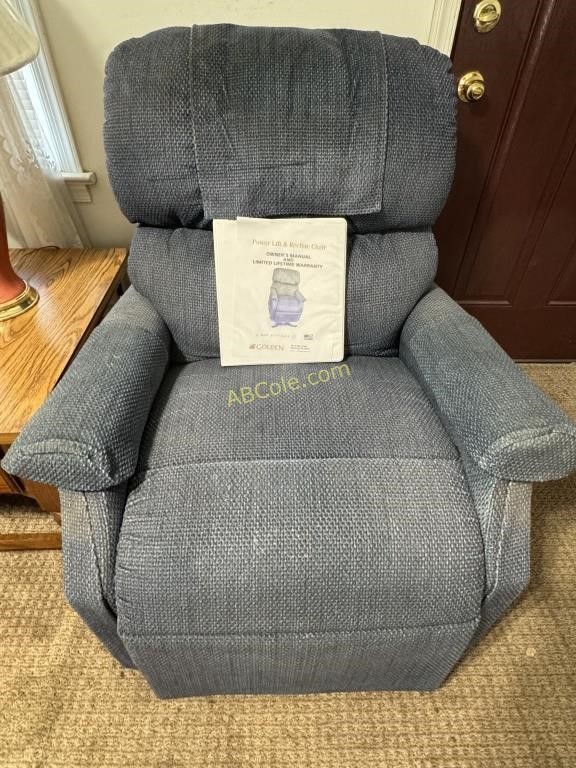 Blue corduroy electric lift chair with side pouch,