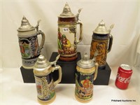 5 Large Vintage German Steins