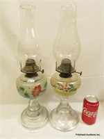 Pair Of Antique Hand Painted Glass Oil Lamps