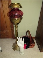 Oil Lamp (*Chipped) 31" Tall , Hand, & Basket