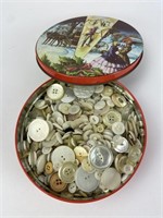 Vintage Tin Filled with White Buttons