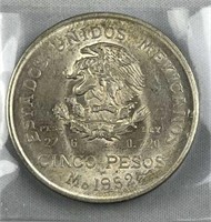 1952 Silver Mexico 5 Pesos, AU/UNC