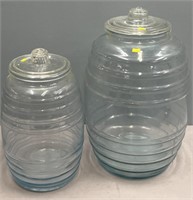 2 Glass Barrel Form Covered Jars