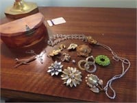 Wood jewelry box and jewelry.