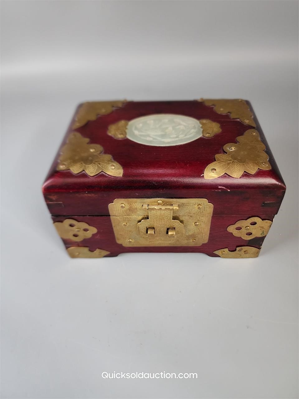 Cherry Wood Oriental Jade Inlay Jewel Box