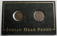 Two Indian Head Pennies in Display Block