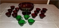 ANCHOR HOCKING RUBY RED PUNCH BOWL AND CUPS