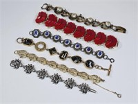 6 Vintage Bracelets: Coro, Porcelain, Wide Red