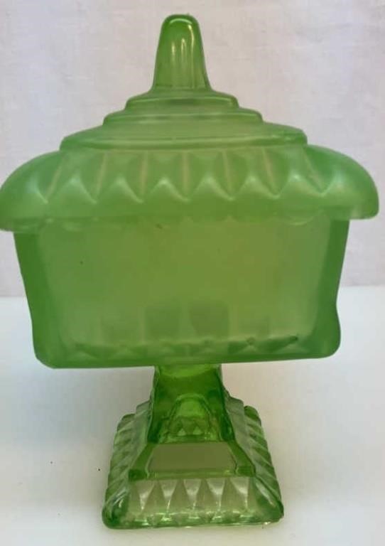 Green frosted candy dish with lid