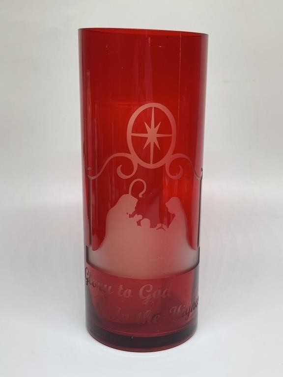 Red Etched Frosted Glass Nativity Candle