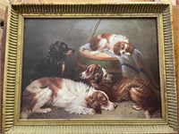 Oil on canvas four spaniels reclining