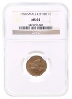 1858 US FLYING EAGLE SMALL LETTERS 1C COIN NGC MS