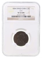 1804 DRAPED BUST SPIKED CHIN 1/2C COIN C-6 NGC VF2