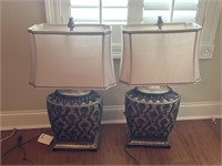 Two Excellent Black Gold Etched Lamps White Shades