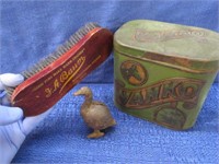 antique "vanko" cigar tin -iron goose bank -brush