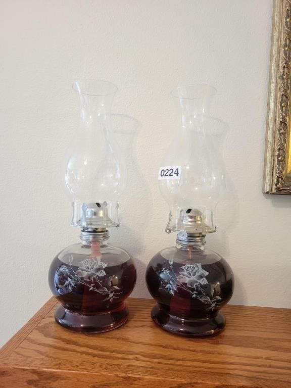 Pair of Floral Glass Oil Lamps