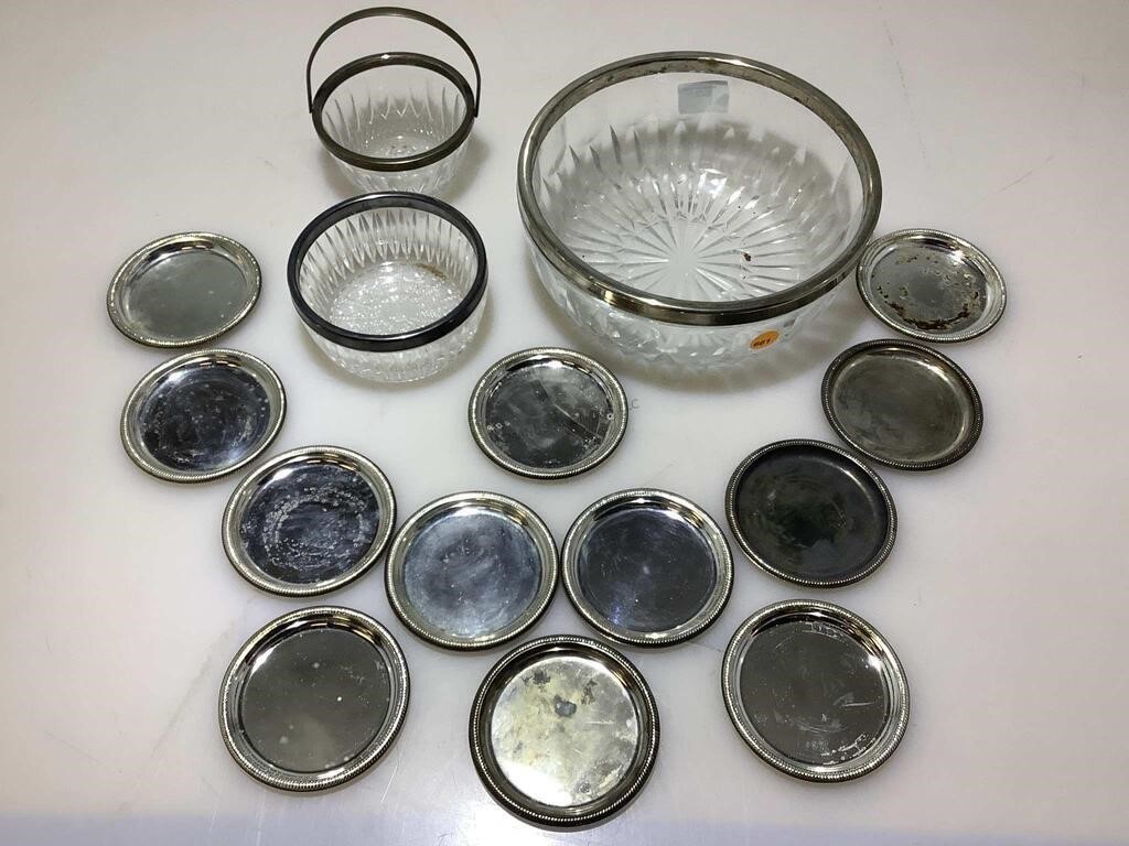 Metal rimmed glass bowls and coaster serving set