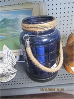 Lg. Blue Jar Lamp w/Rope Handle