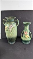 (2) Green "Roseville" Vases