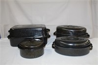 Four roasting pans, 18.5 X 8, 16.5 X 7.75,