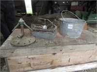 GALV. BUCKET, TOTE FULL OLD TOOLS