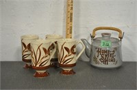 Stoneware tea pot and mugs