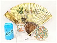 Vintage Chinese Cup & Saucer Hand Painted Fan Lot