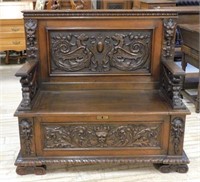 Exceptionally Carved Neo Renaissance Oak Bench.