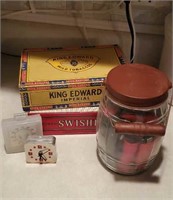 Cigar boxes, timer, clocks, jar of flashlights
