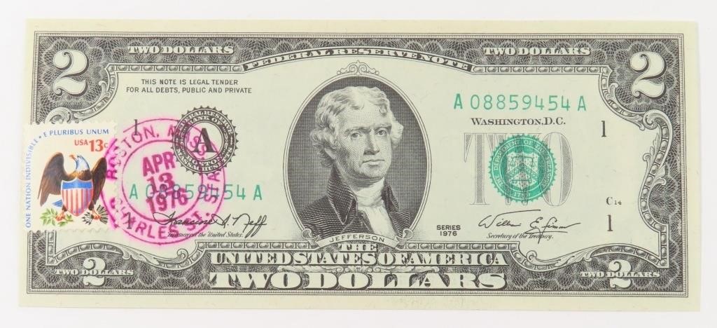 1976 $2 FEDERAL RESERVE NOTE STAMPED POSTMARKED