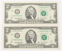 LOT OF TWO 2003 $2 BILLS SEQUENTIAL NUMBERS